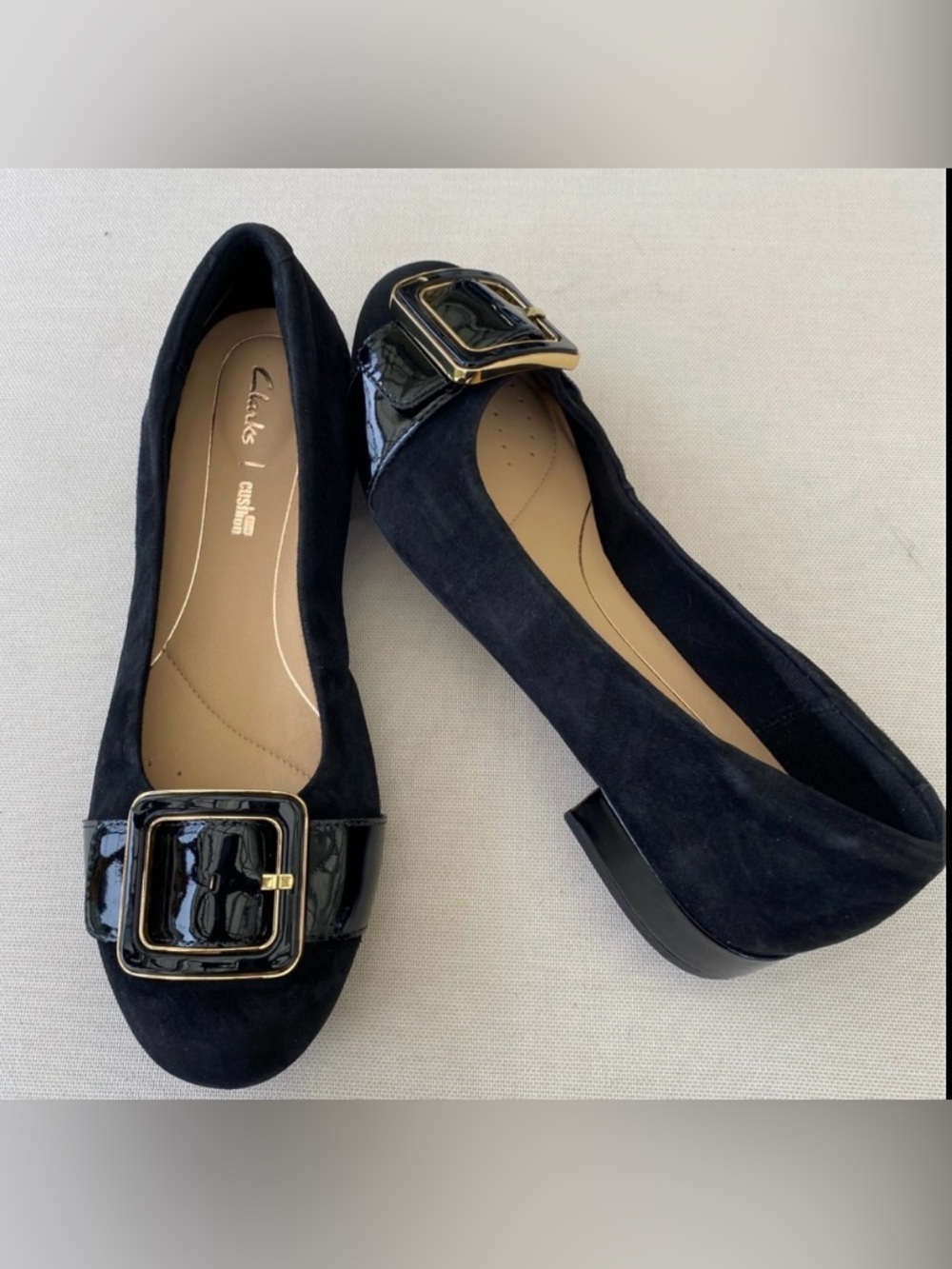 Clarks Women's Black Suede Flats with Gold and Black  Buckle